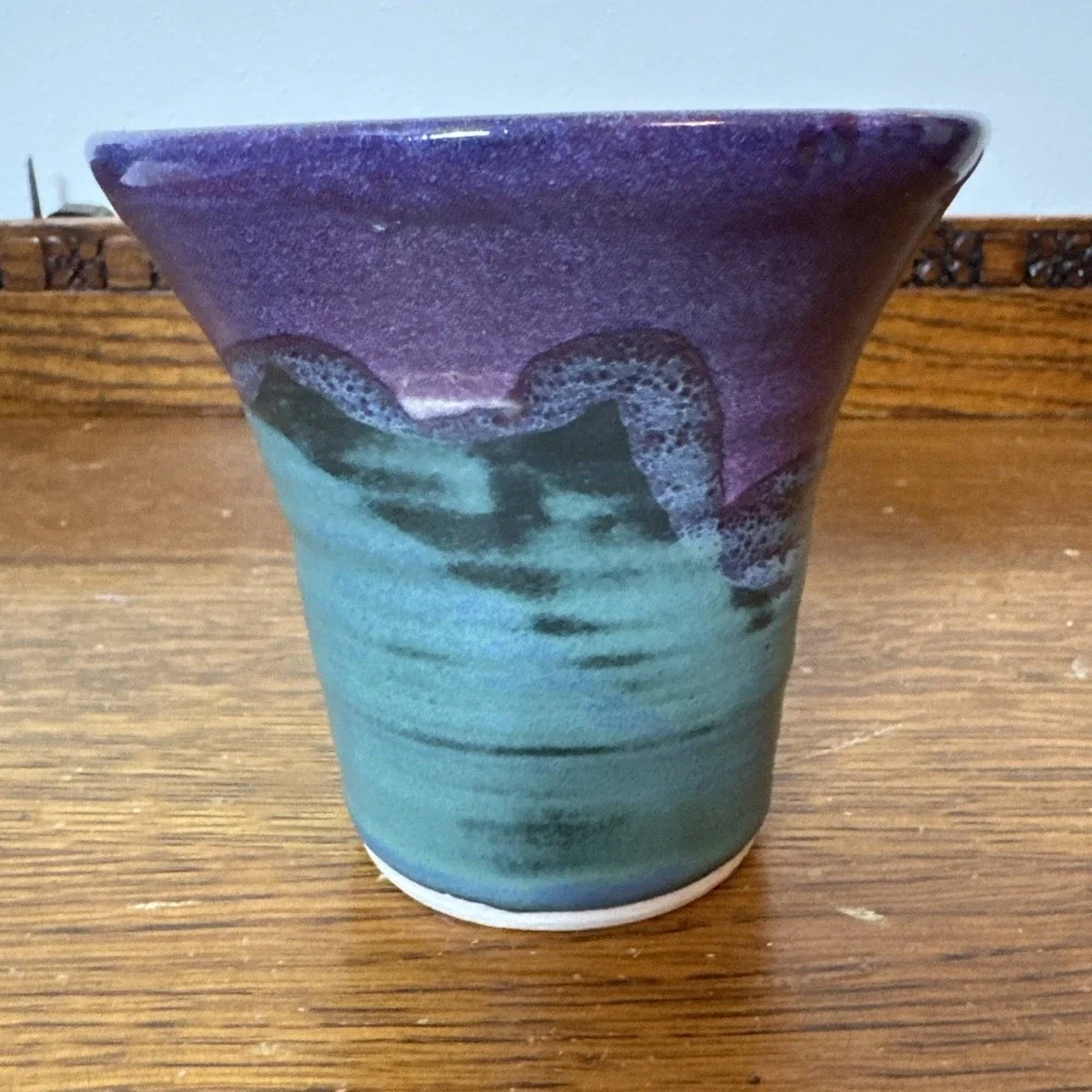 Studio Pottery Vase or Planter Purple Teal Glaze Handmade Ceramic 4.25